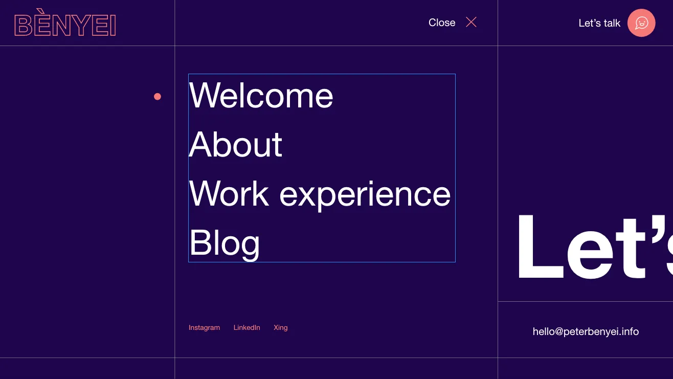 Die geöffnete Navigation aus dem früheren Portfolio-Konzept mit großer Typografie, strengem Raster und dunkelviolettem Hintergrund.